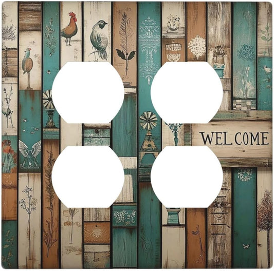 Outlet Covers Vintage Wood Brown Turquoise Splicing 2 Gang Double Duplex Decorative Light Switch Covers Electrical Wallplates Socket Faceplate For Farmhouse Cabin Decor