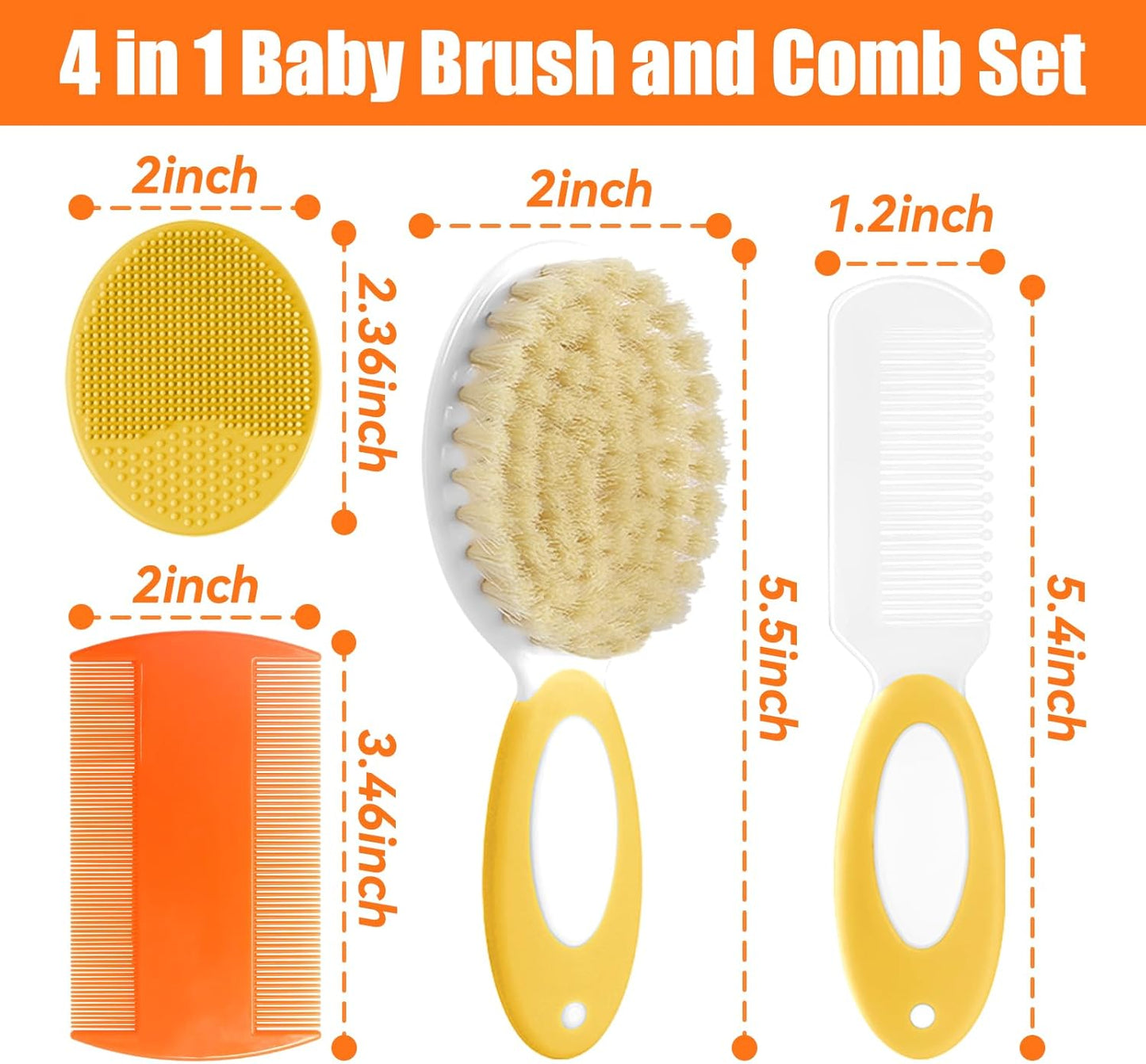 Baby Hair Brush and Comb Set, 4Pcs Baby Soft Bristles hairbrush Cradle Cap Brush Hair Comb for Newborns Toddlers Boys Girls (Yellow)