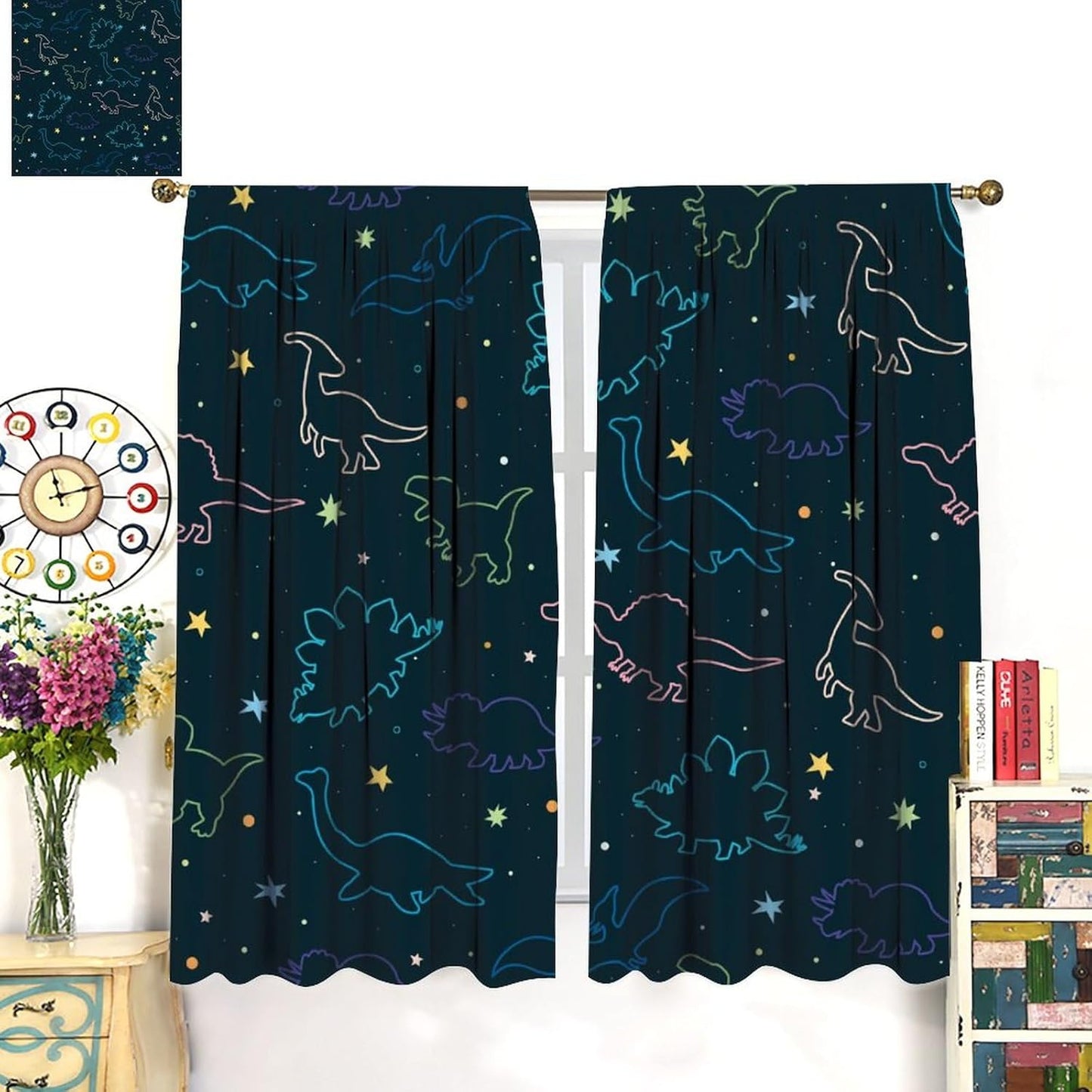 Cartoon Colorful Dinosaur Curtains for Kids Boys Girls Home Decor, Astronaut Funny Outer Space Star Blackout Rod Pocket Window Drapes for Bedroom Living Room W26xL84in 2 Panels