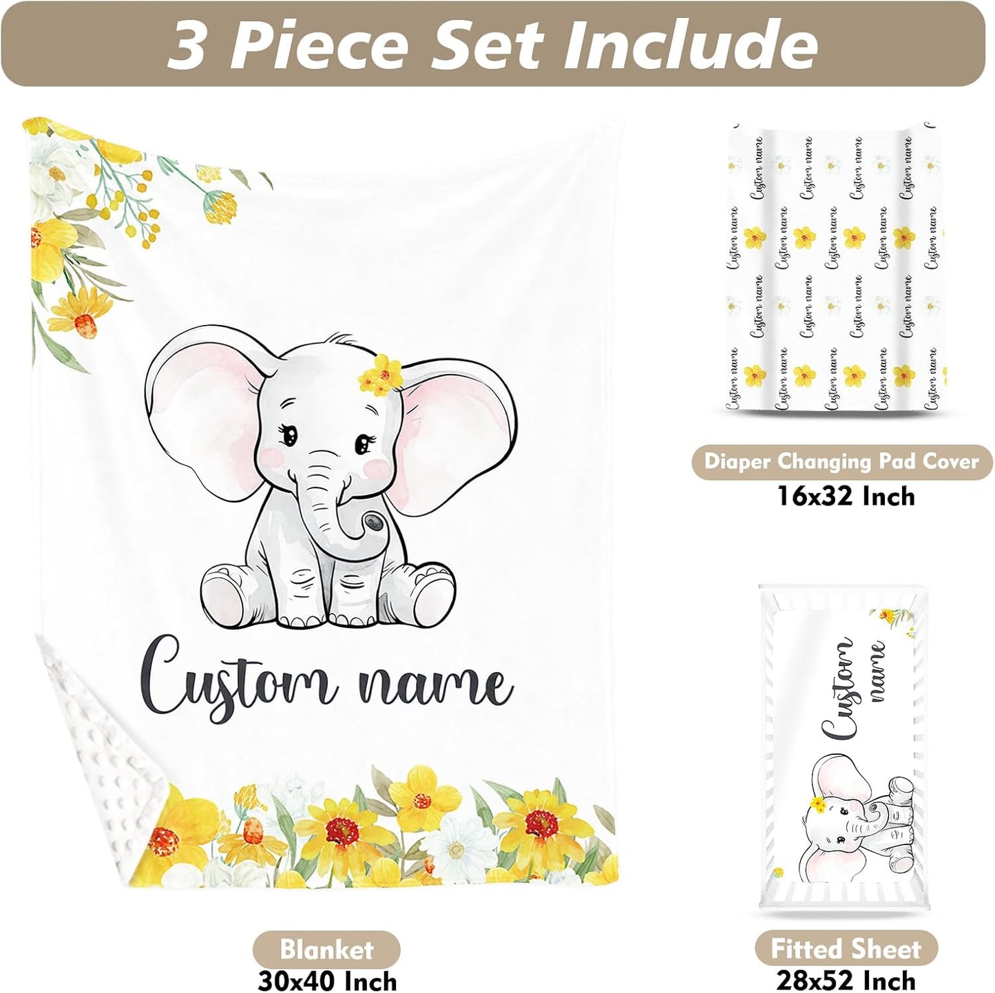 Custom Name Crib Bedding Set - Elephant Pattern, Personalized Yellow Floral Nursery Bedding 3-Piece Set– Soft Blanket, Fitted Sheet, Changing Pad Cover – for Newborns Girls Nursery Gifts
