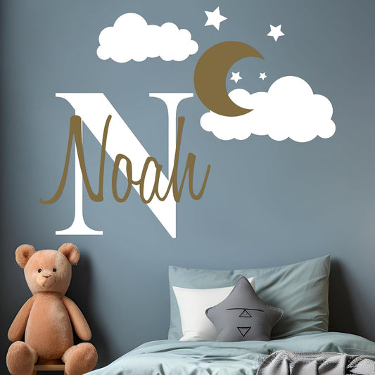 e-Graphic Design Inc Custom Name & Initial Moon Clouds Stars - Baby Boy - Nursery Wall Decal for Baby Room Decorations - Mural Wall Decal Sticker for Home Children's Bedroom (Wide 32" x 24" Heigh)