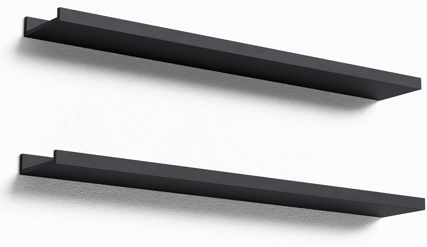 35.4 Inches Long Floating Shelves Wall Mounted, 2 Set Modern Black Wall Shelf for Bedroom, Nursery Book Shelf with Lip, Picture Ledge Shelf for Wall Decor Living Room Bathroom Kitchen- Black