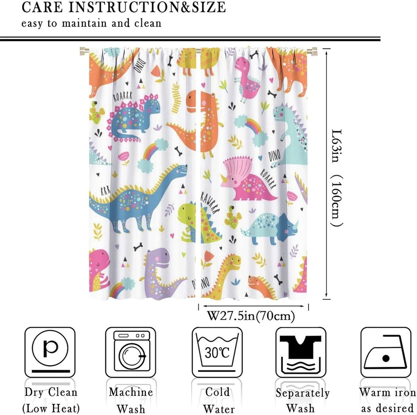 Cartoon Dinosaur Curtains for Kids Boys Girls Home Decor Childish Cute Dino Animals Print Pattern Rod Pocket Blackout Window Drapes for Nursery Baby Bedroom Playroom W27.5xL63in 2 Panels