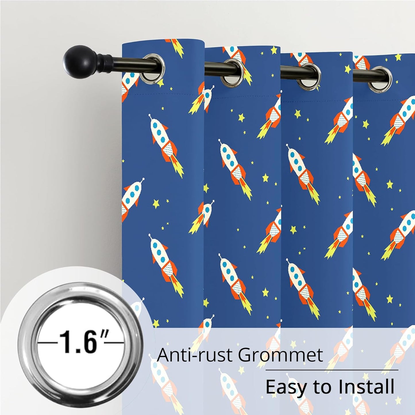 Kids Space Rocket Blackout Curtains - 100% Blackout, Thermal Insulated, Noise Reducing, Perfect for Kids Room and Nursery, 2 Panels (Rocket Blast-Off Repeat, W52×L84)