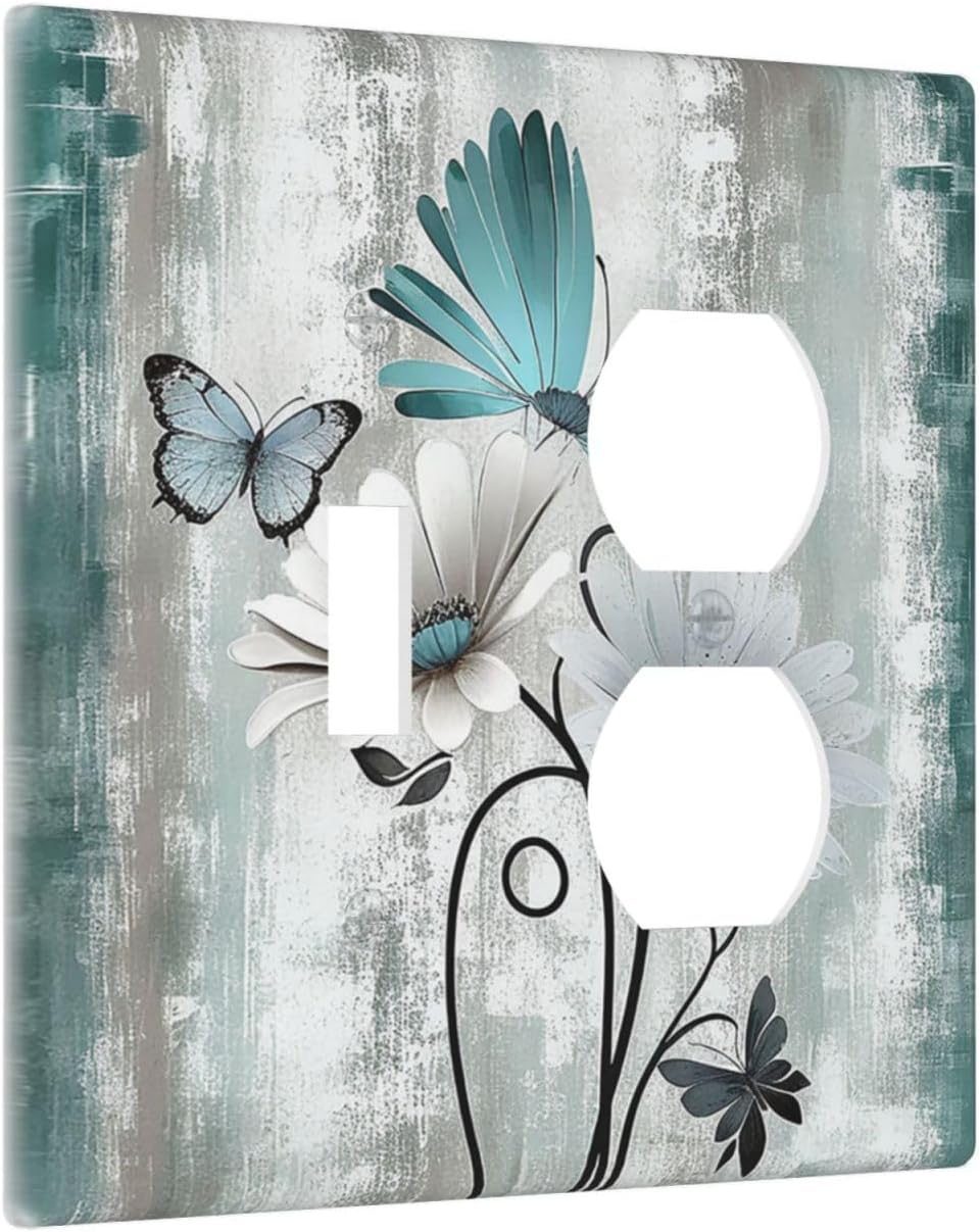Wallplates Rustic Teal Daisy Floral Flowers Butterfly Wood Grain 1 Toggle 1 Duplex Switch Plate Electrical GFCI Faceplate Decorative Light Switch Covers for Bathroom Bedroom Decor