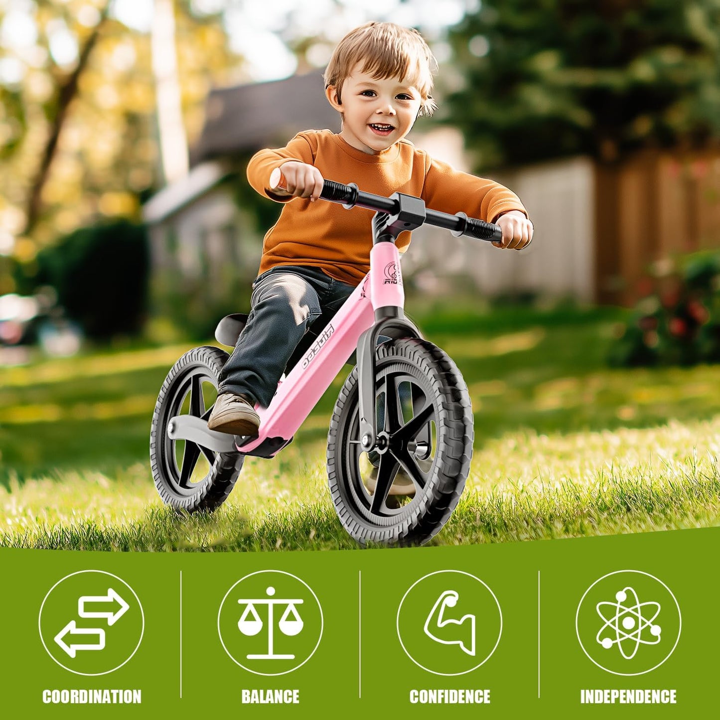 Ridego 12 or 14 Inch Balance Bike for Kids 2-6 Year Old,Lightweight Kids Bike with Adjustable Seat, Push Bicycle with Air Rubber Tires，Ride-on Toys Birthday Gift