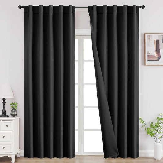 Joydeco 84 Inch Black Curtains 2 Panels Set, Blackout Curtains for Bedroom, Room Darkening Drapes for Living Room Window Rod Pocket Back Tab (W37 x L84 Inch, Black)