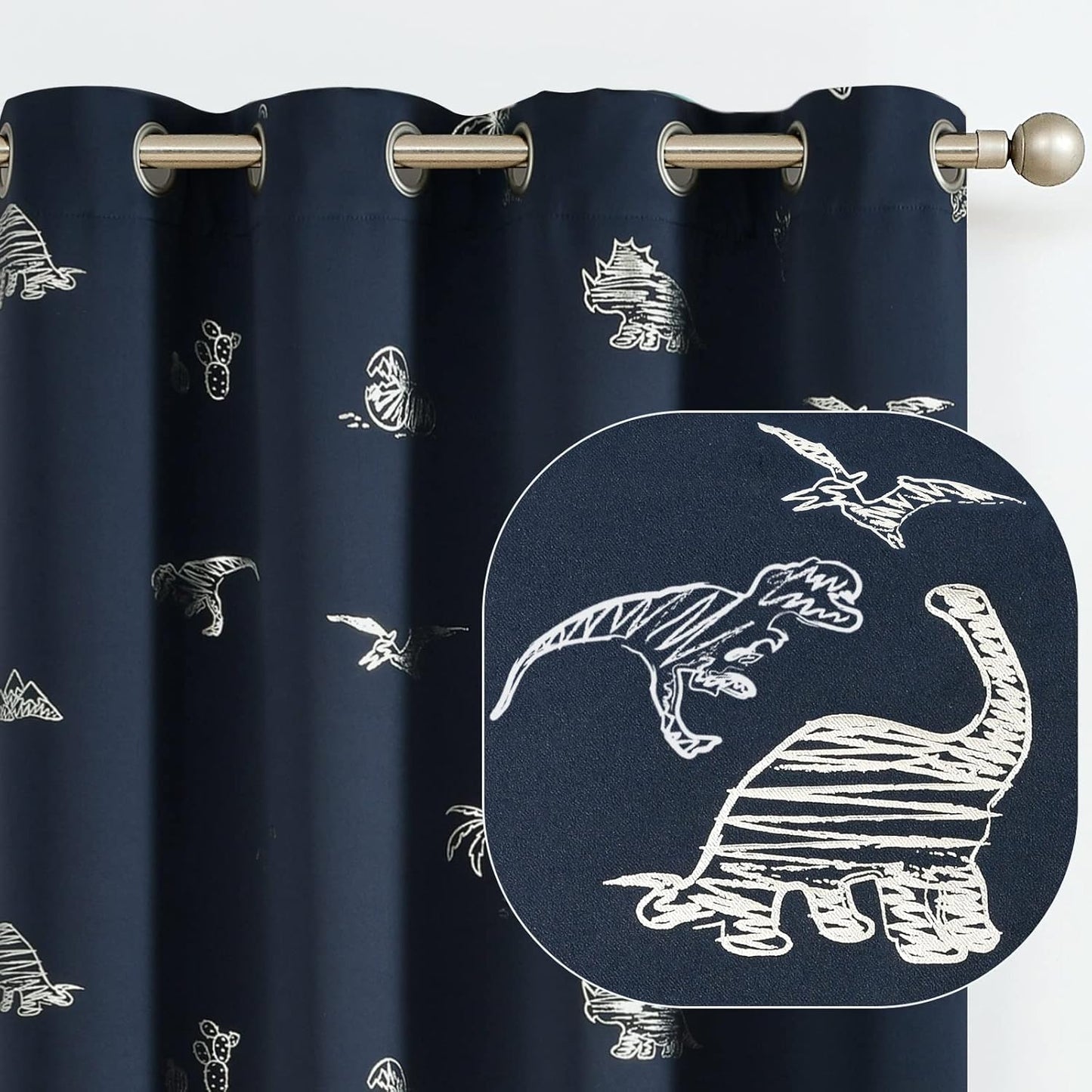 Vangao Kids Curtains Navy Blue Blackout Dinosaur Curtains for Boys Kids Nursery Girls Room Silver Dino Foil Print Thermal Insulated Drapes Grommet Top Window Treatments 84 Inches Length 2 Panels