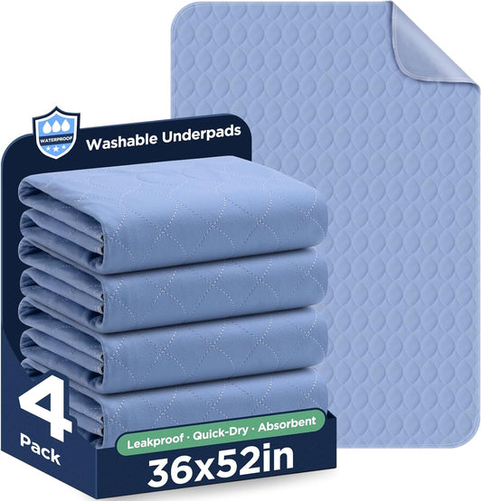 Washable Bed Pads 36" x 52" - 4 Pack, Blue, Waterproof Bed Pads for Incontinence, Bed Wetting Pads for Bed, Sofa, Floor, Resuable Underpads for Adults, Seniors, Pet