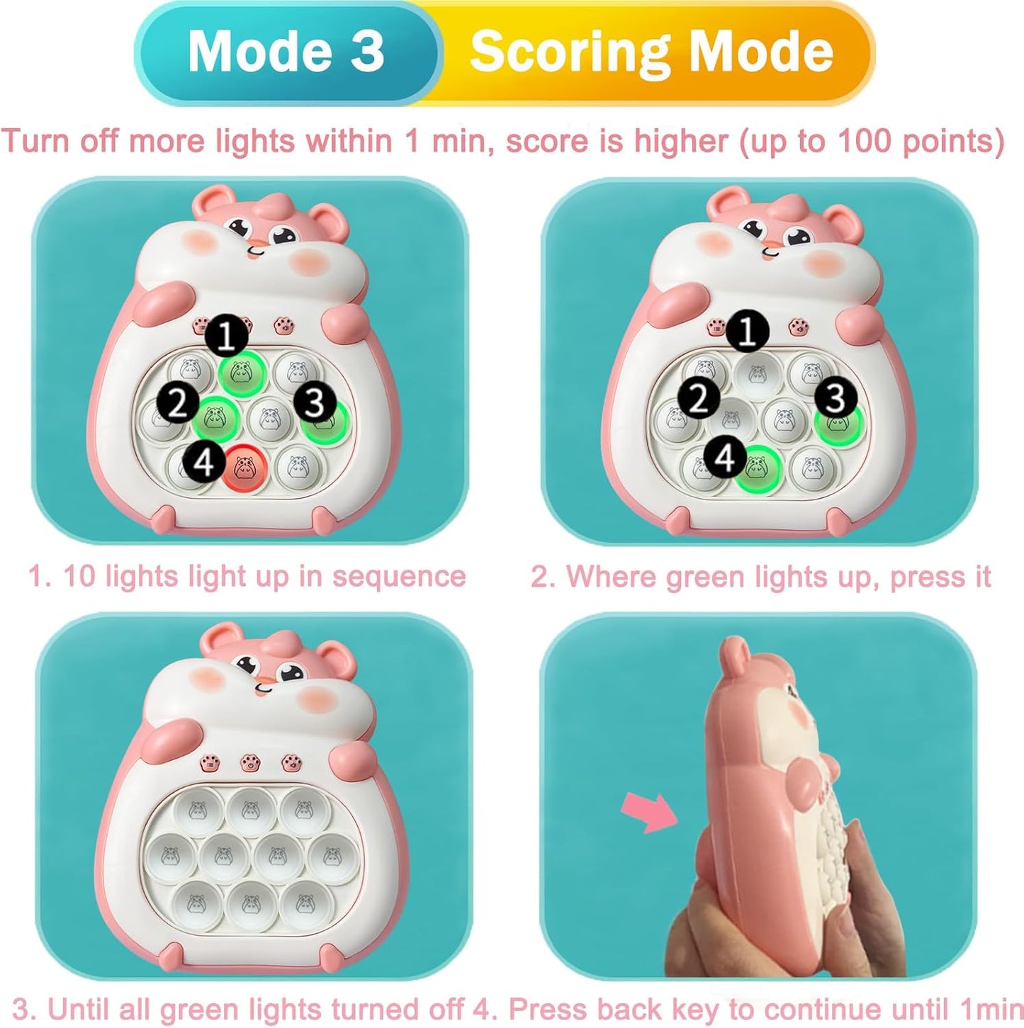 Pop Quick Push Game Light Up Fidget Toys Handheld Puzzle Press Popping Game Console for Kids Ages 3+ Adult Pink Hamster