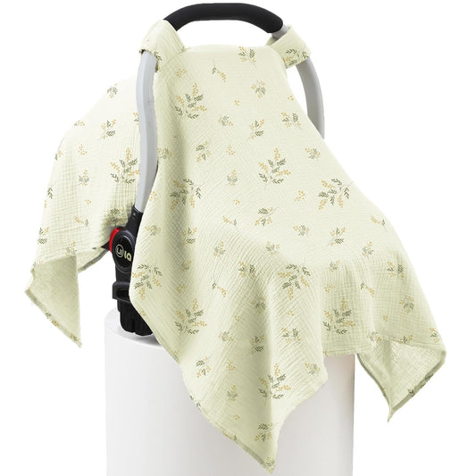 100% Muslin Cotton Car Seat Cover Baby, Carseat Canopy Cover, Universal Fit Stroller Covers for Boys and Girls (Green Beige Leaf)