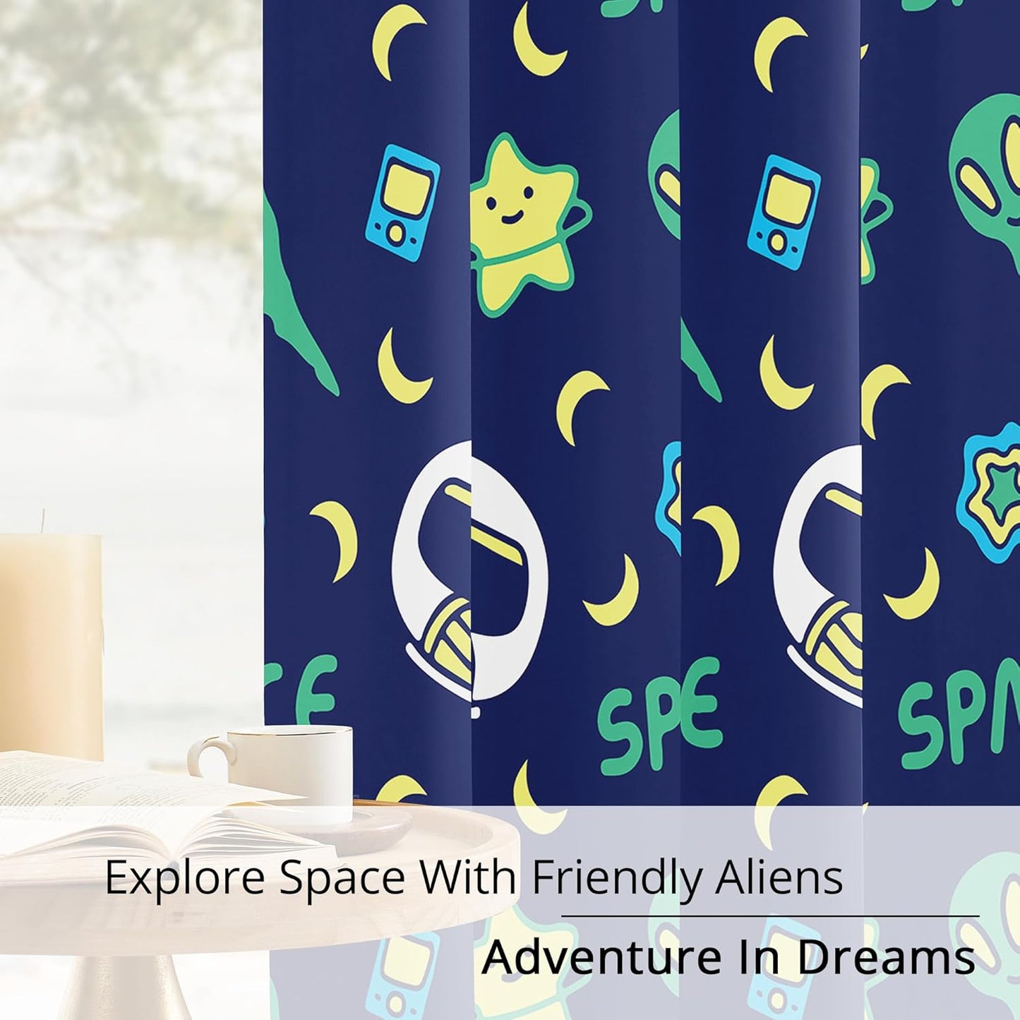 Kids Space Alien Blackout Curtains - 100% Blackout, Thermal Insulated, Noise Reducing, Perfect for Kids Room and Nursery, 2 Panels (Friendly Alien, W52×L63)