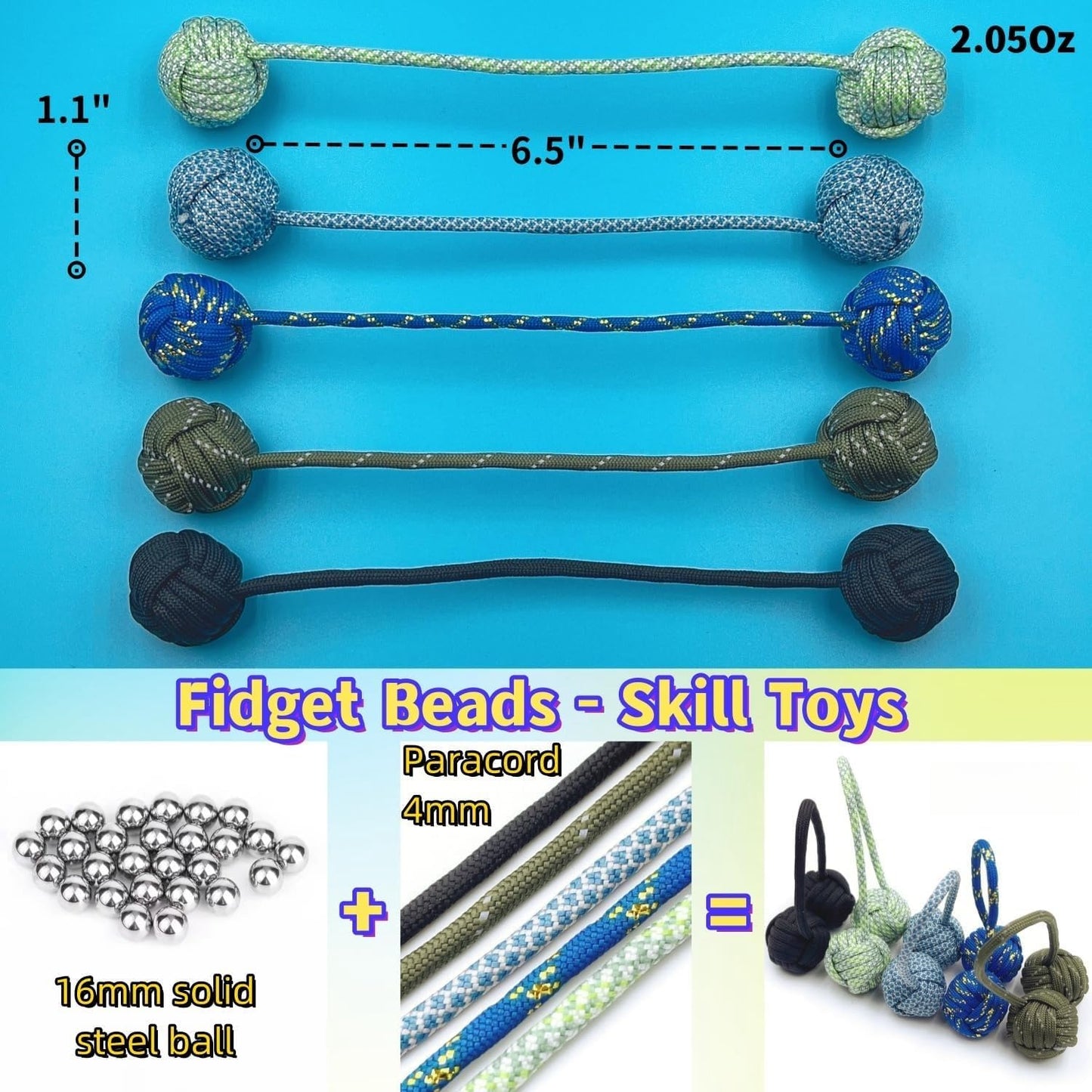 Fidget Beads Skill Toys, Fidget Toys, Parachute Cord and Steel Beads Handmade Fidget Beads, Beginners Worry Beads, Portable EDC Leisure Toys (Grey Blue)
