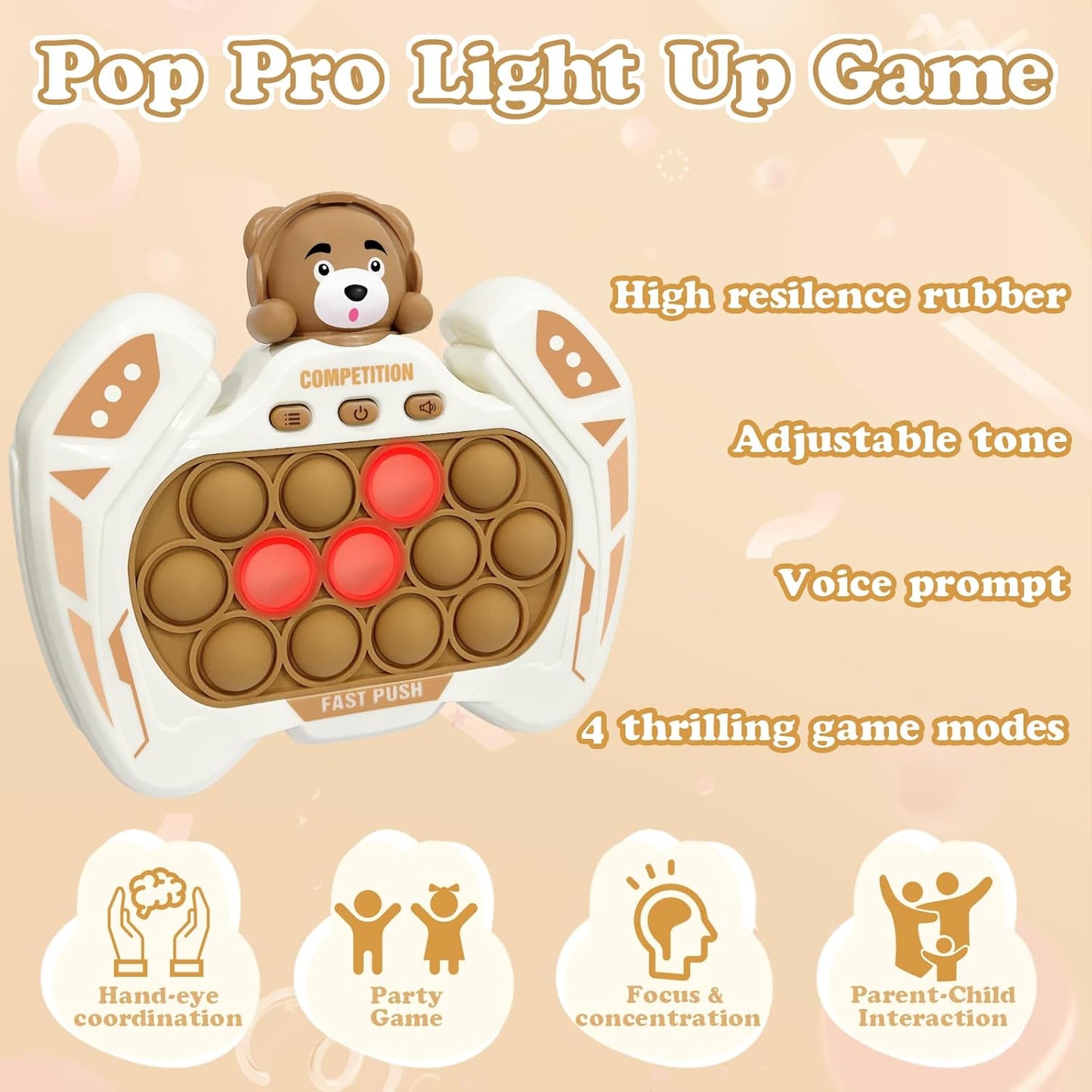 Fast Push Pop Pro Light Up Fidget Bubble Game Controller, Puzzle Pop Pro Game Fidget Toys Adults Handheld Bubble Pop Fidget Game Console Anti-Anxiety Autism Decompression Electronic Travel Game Toy