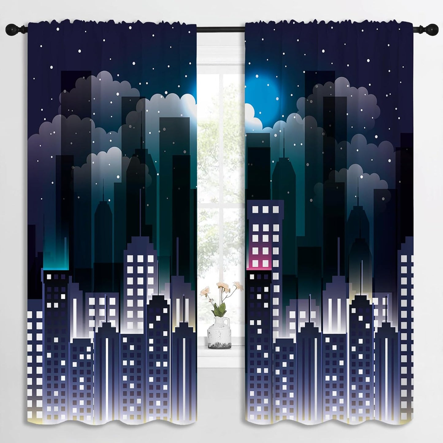 Superhero Rod Pocket Blackout Curtains for Boy Girl Bedroom, Violet Night Sky Buildings Cityscape Thermal Insulated Home Window Drapes for Living Room Darkening, 72x63 inch