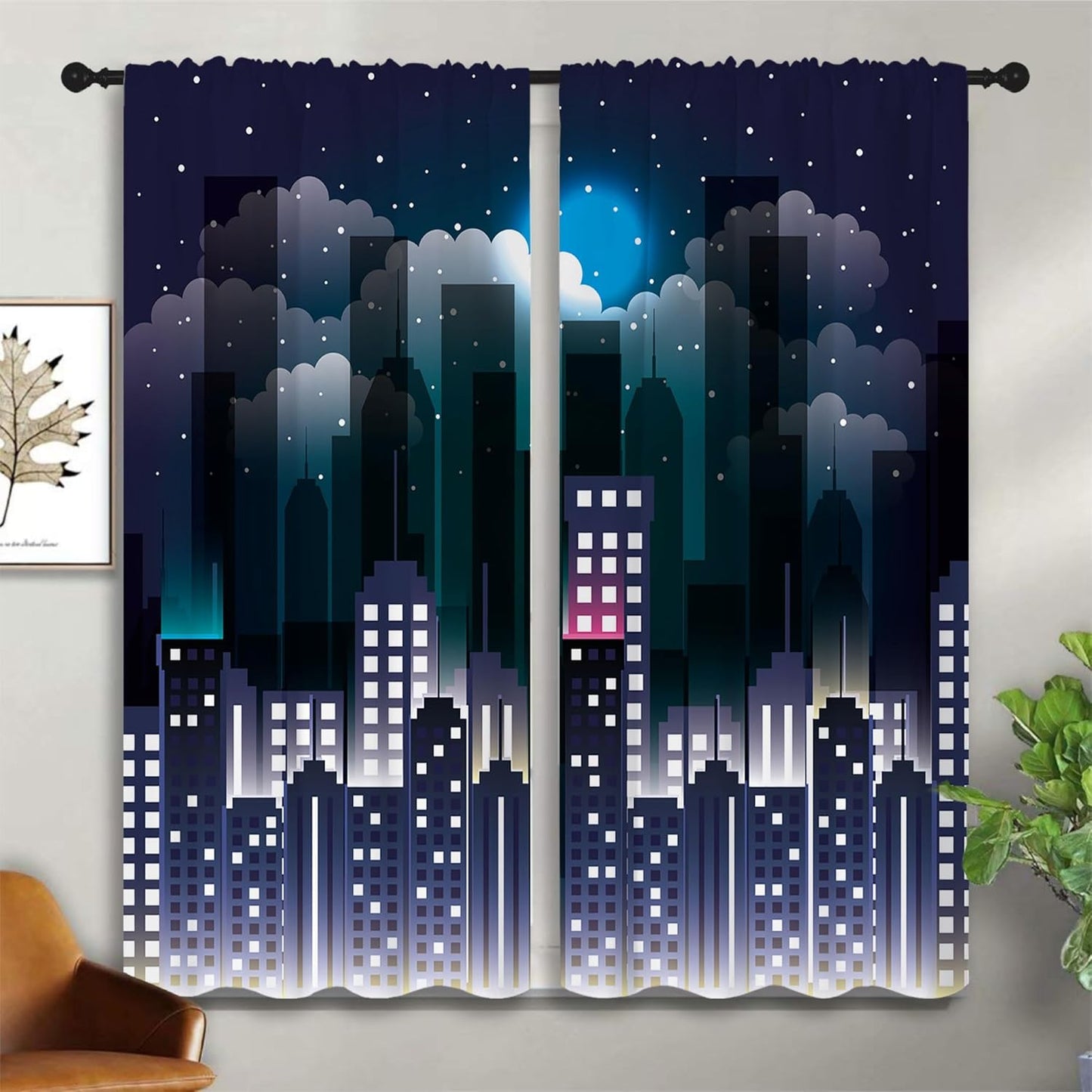 Superhero Rod Pocket Blackout Curtains for Boy Girl Bedroom, Violet Night Sky Buildings Cityscape Home Energy Efficient Light Filtering Window Curtain for Living Room, 42x63 inch