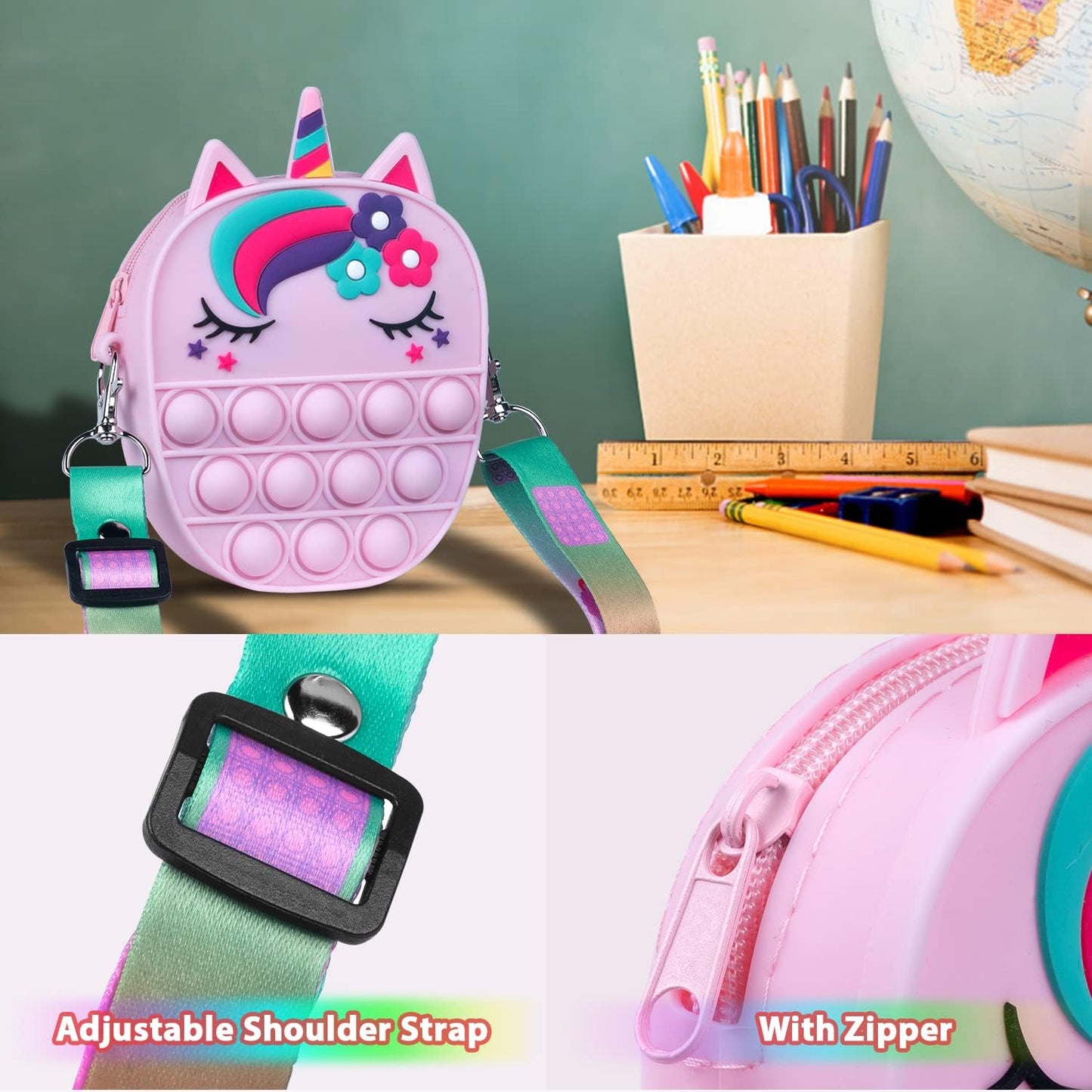 Pop Bag it, Fidget Bag, Pop Purse for Girl and Women Pop Bag with Unicorn Pop Toy, Anti Stress Silicone Poppet Bag Fidget Shoulder Bag, Best Gifts