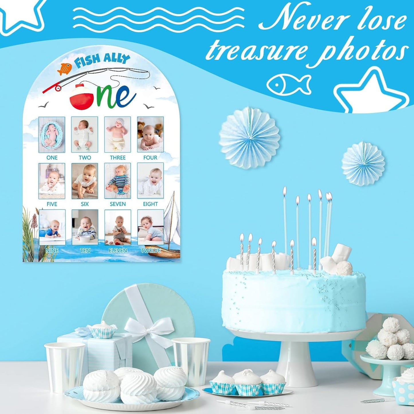 Ofishally One First Year Photo Board The Big One Fishing Birthday Decorations 12 Monthly Milestone Wood Picture Frame 1st Birthday Photo Banner for Baby Boys Keepsake Gift Gone Fishing Party Supply