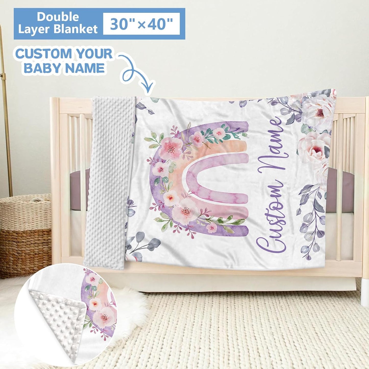 Personalized Baby Bedding Set, 5 Pcs Custom Baby Crib Set with Name, Soft Flannel Rainbow Crib Bedding Set for Girls, Double Layer Nursery Bedding Set, Infant Toddler Bedding Set Parents Gift