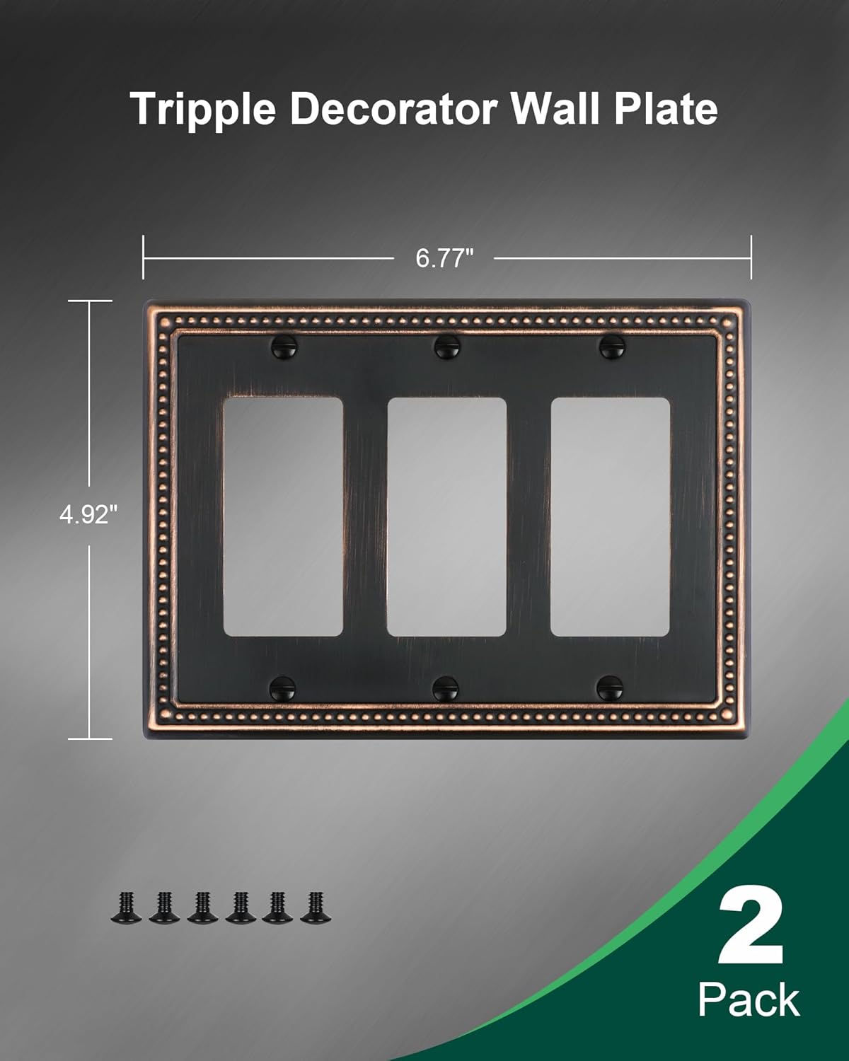 2-Pack Triple Decorator Outlet Cover Plate, Aged Bronze Pearls Decorative Switch Plates and Outlet Covers, Metal Wall Plates for Electrical Outlets, Receptacle, GFCI Outlet, Dimmer Switch