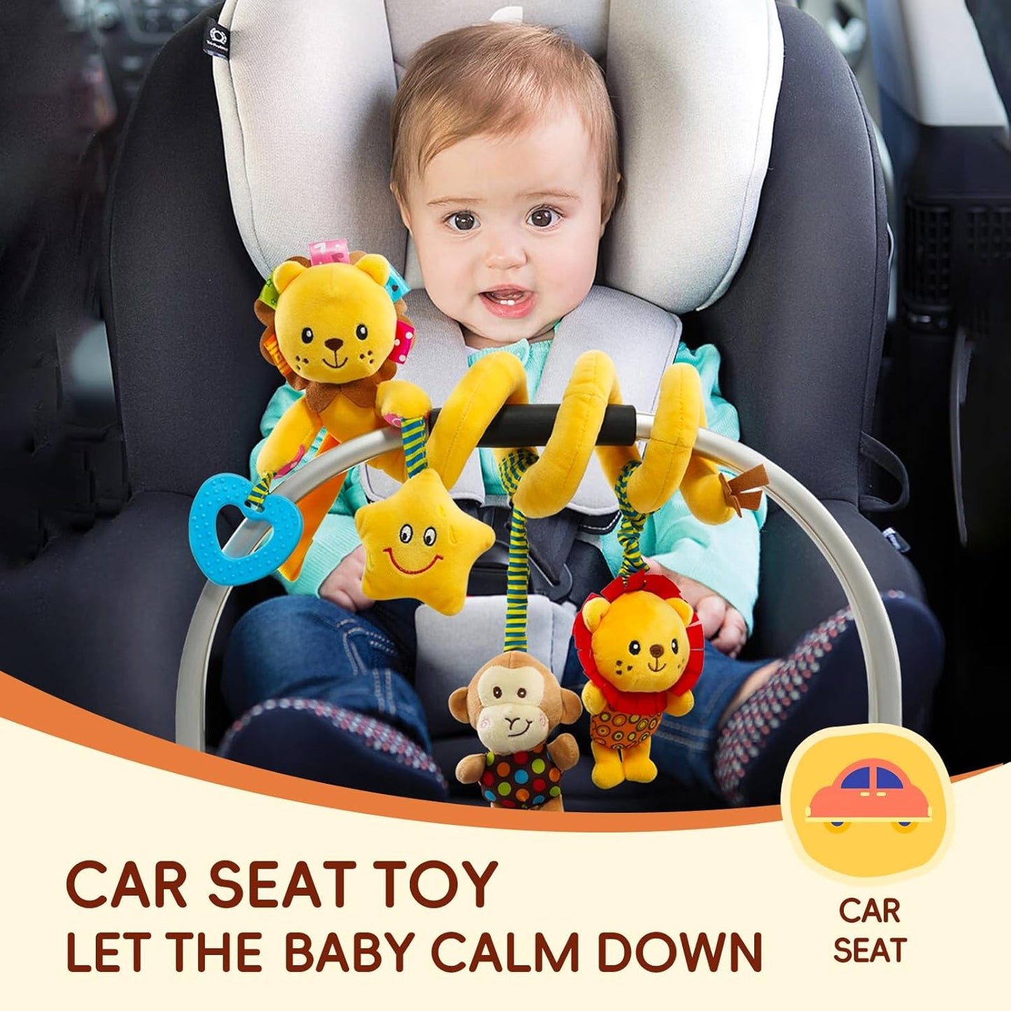 Jollybaby Crib Stroller Car Seat Toys for Baby 0-3-6-9-12 Months, Tummy Time Hanging Sensory Toys for Newborn with Music Box and Teether, Spiral Carseat Toy for Infant Boys Girls Gifts (Little Lion)