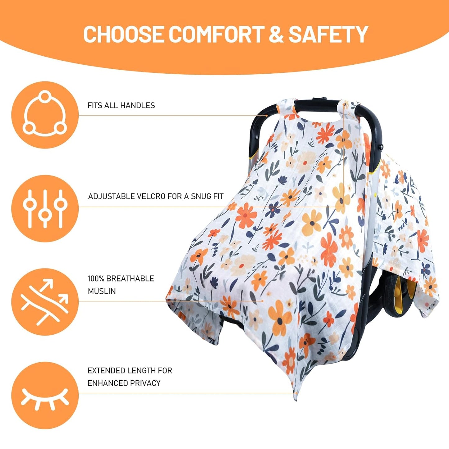 80S Muslin Car Seat Cover for Babies - Soft & Breathable Infant Carrier Canopy, Lightweight Sunshade for Summer, Universal Fit for Baby Boys & Girls