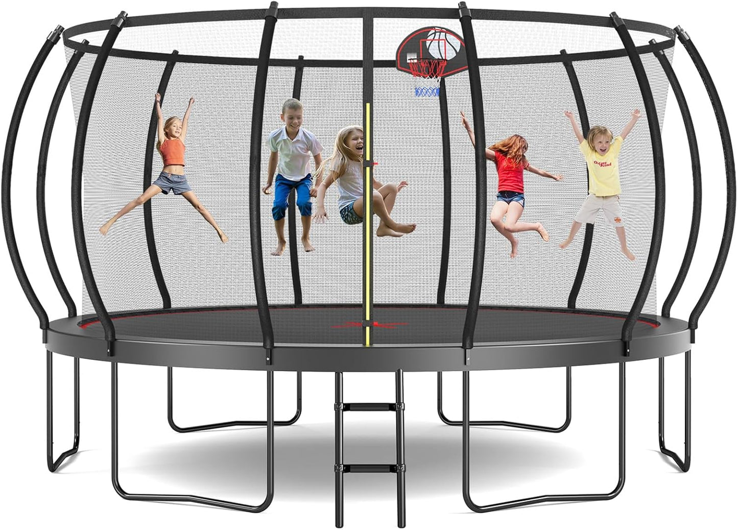 Tatub Large Trampolines Outdoor 10 12 14 15 16FT for Kids and Adults,Outdoor Recreational Pumpkin Trampolines with Curved Poles and Safety Enclosure Net, Basketball Hoop, Ladder