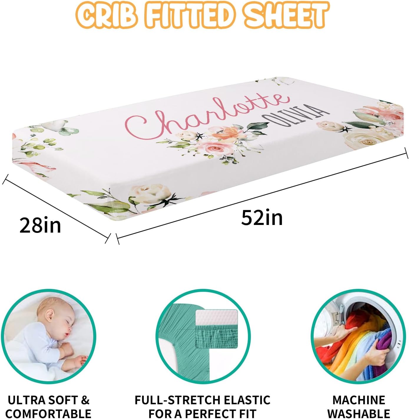 Custom Crib Bedding Set - Highland Cow Design Personalized Name Baby Nursery Bed 3 Pcs Set - Chic Soft Blanket with Dotted Backing, Sheet, Pillowcase for Newborn Girls Boys Gifts Color02