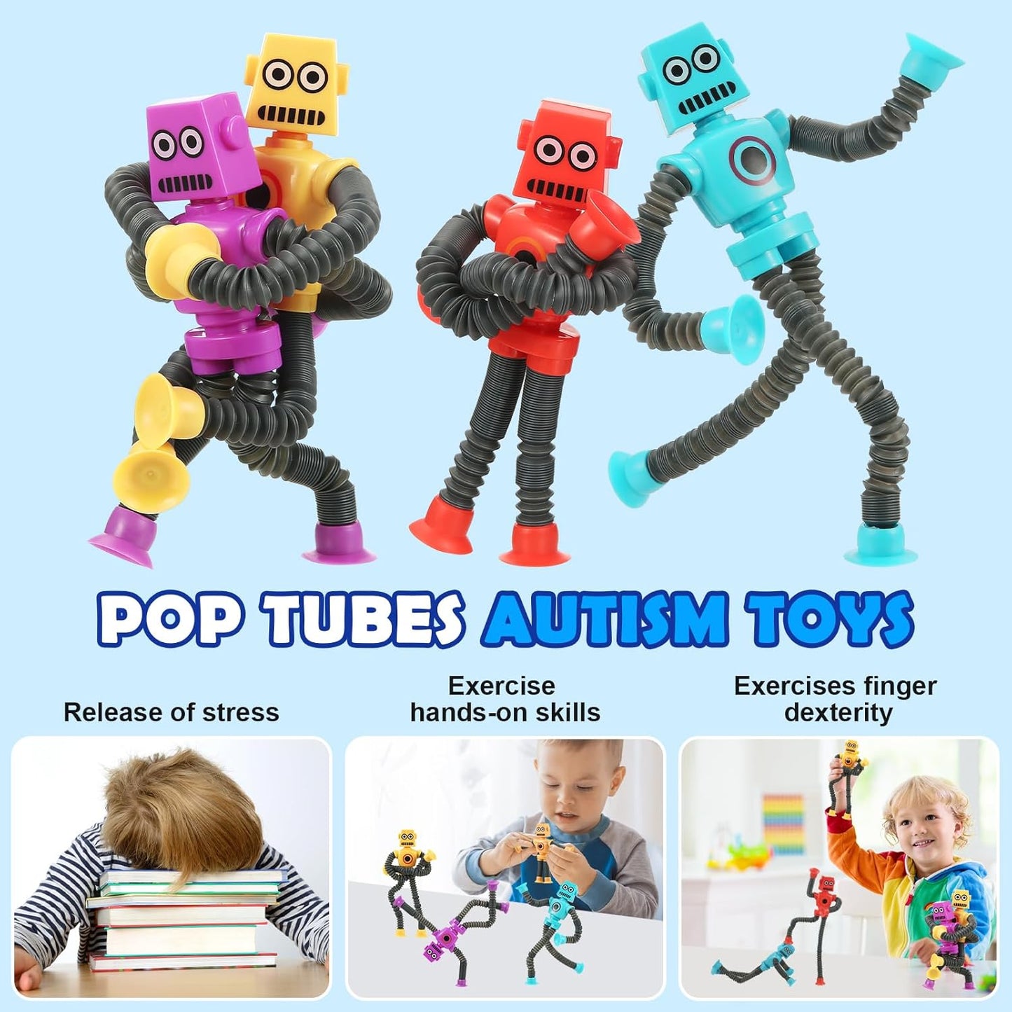 4 Pack Telescopic Robot Suction Cup Toy, Stress Relief Sensory Toys,Connect, Stretch, Twist & Pop Tubes ADHD Autism for Toddler Gifts, Christmas Stocking Stuffers for Kids