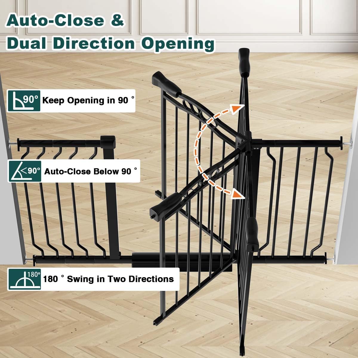 Fairy Baby 67.3"-81.1" Extra Wide Baby Gate for Stairs, Large Pet Dog Gate for Wide Openings, Pressure Mounted Safety Child Gate, Metal Auto Close Long Pet Gate for Doorways with Walk Thru Door, Black