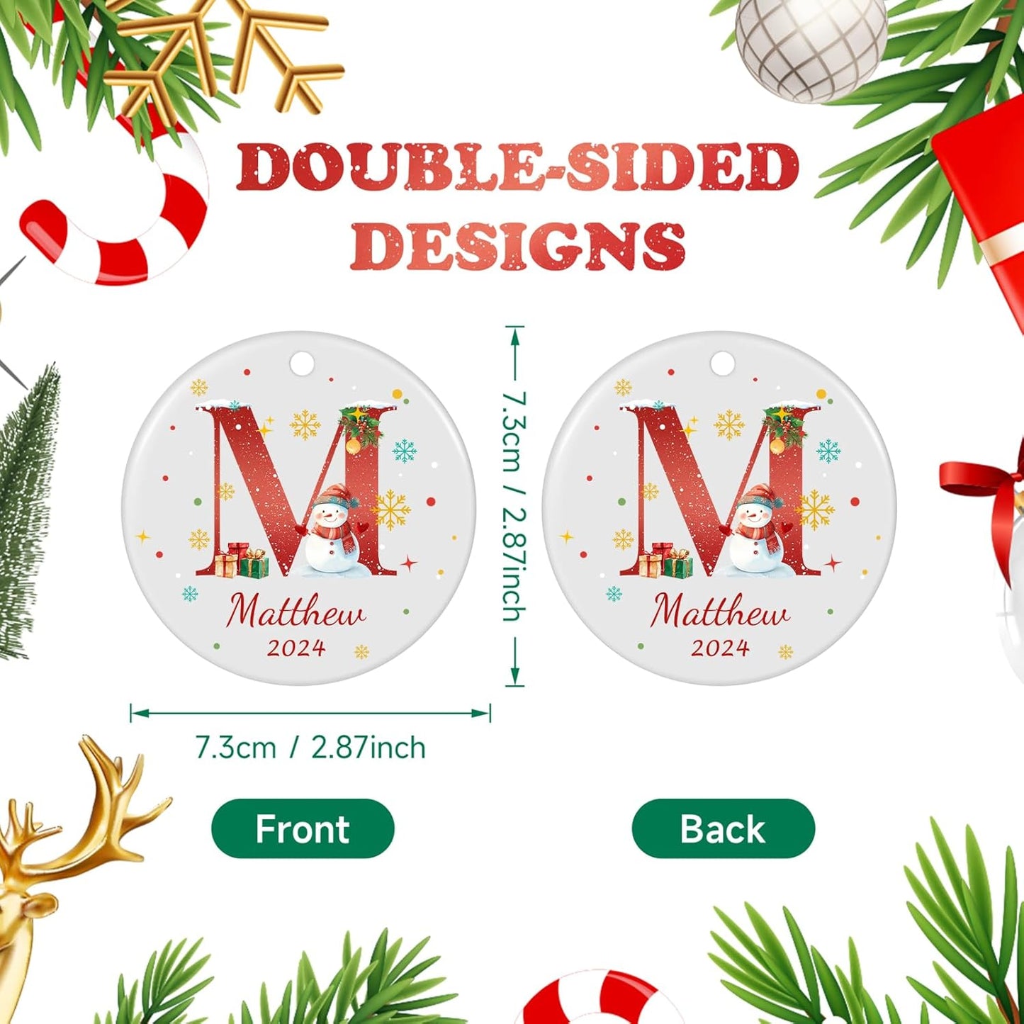 Name Ornaments for Christmas Tree, Custom Initial Monogram Snowman Ceramic Ornament for Kids Boys Girls, Monogrammed Christmas Ornaments 2025