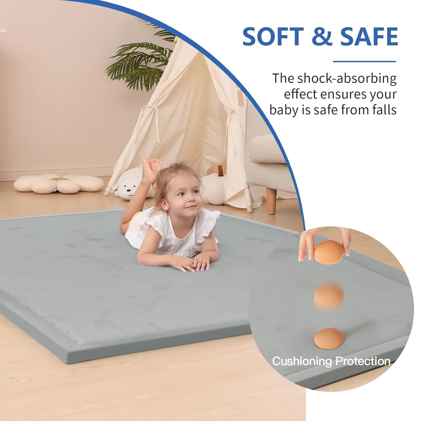 Baby Play Mat for Floor,1.3" Thick Elasti-Foam 50x50 Playpen Mat for Toddlers Infant Kids,Water-Repellent Soft Coral Velvet Tummy Time Mat,Non Slip Crawling Mat,Tatami Mat(Light Grey)