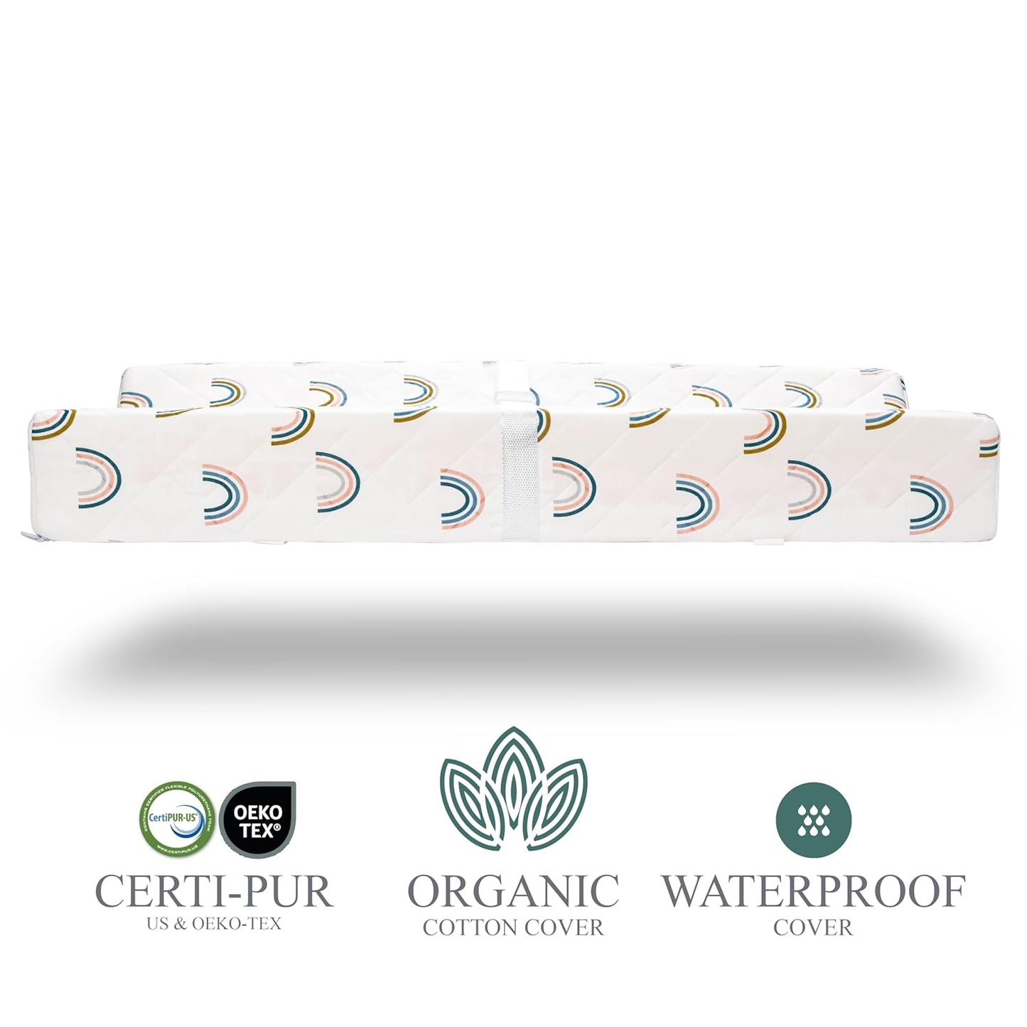 Organic Cotton Contoured Baby Changing Pad w/Waterproof Foam Mattress, Includes Soft, Removable & Washable Cover, Safety Strap, Non-Slip Bottom, Topper for Standard Size Infant Diaper Table & Dresser