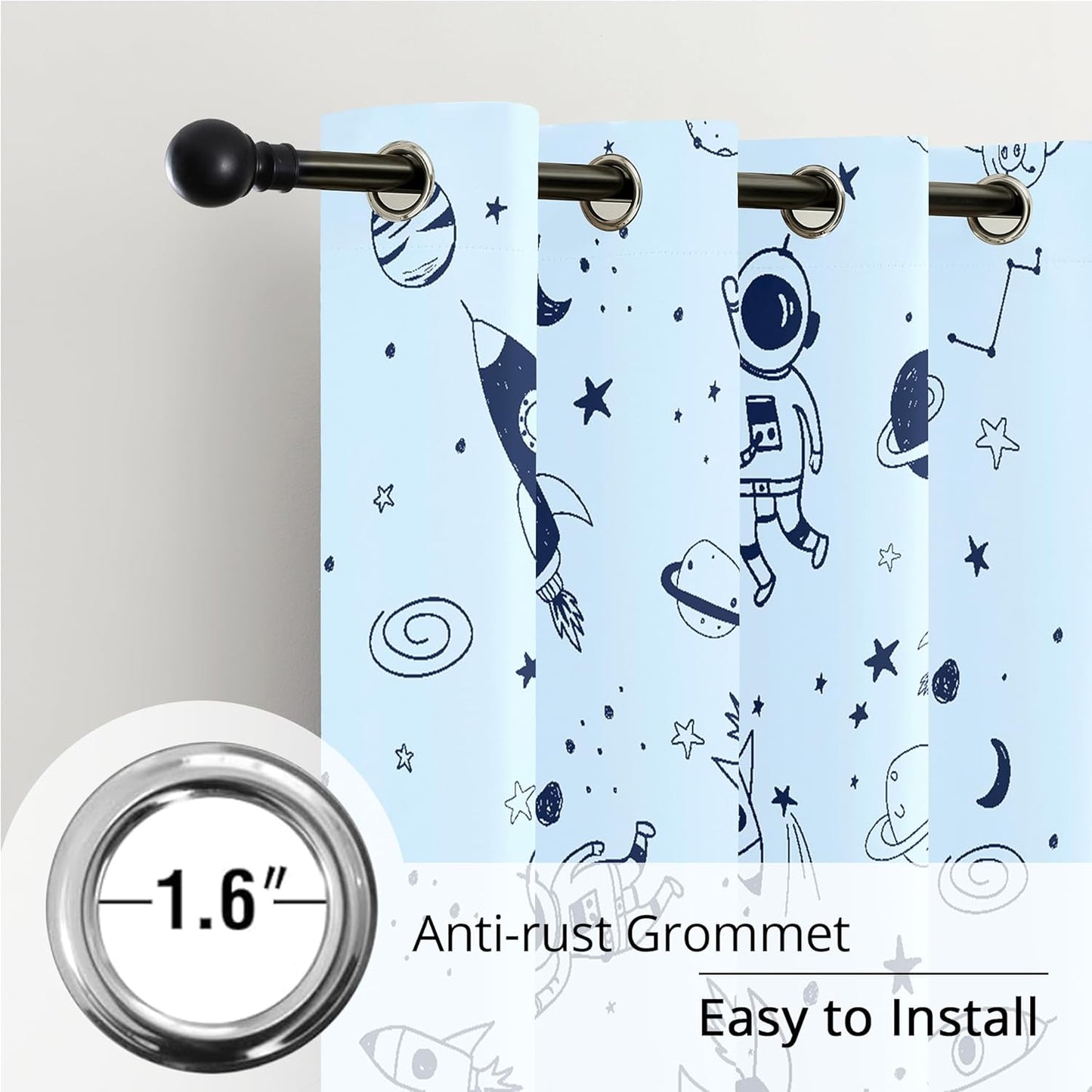 Kids Space Rocket and Astronaut Blackout Curtains - 100% Blackout, Thermal Insulated, Noise Reducing, Perfect for Kids Room and Nursery, 2 Panels (Sky-Blue Space Doodles, W52×L84)