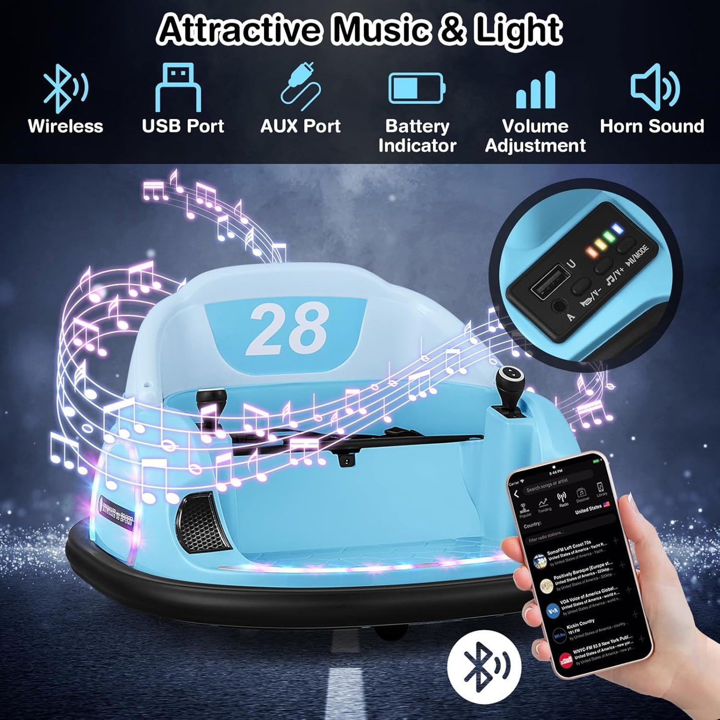 GLACER 12V Bumper Car, Electric Kids Bumper Car w/Parental Remote, 3-Speed, 360°Spin, Music, LED Light, Battery Ride on Bumper Car w/Dual Joysticks, Baby Bumper Car for Toddlers 18 Months+ (Blue)