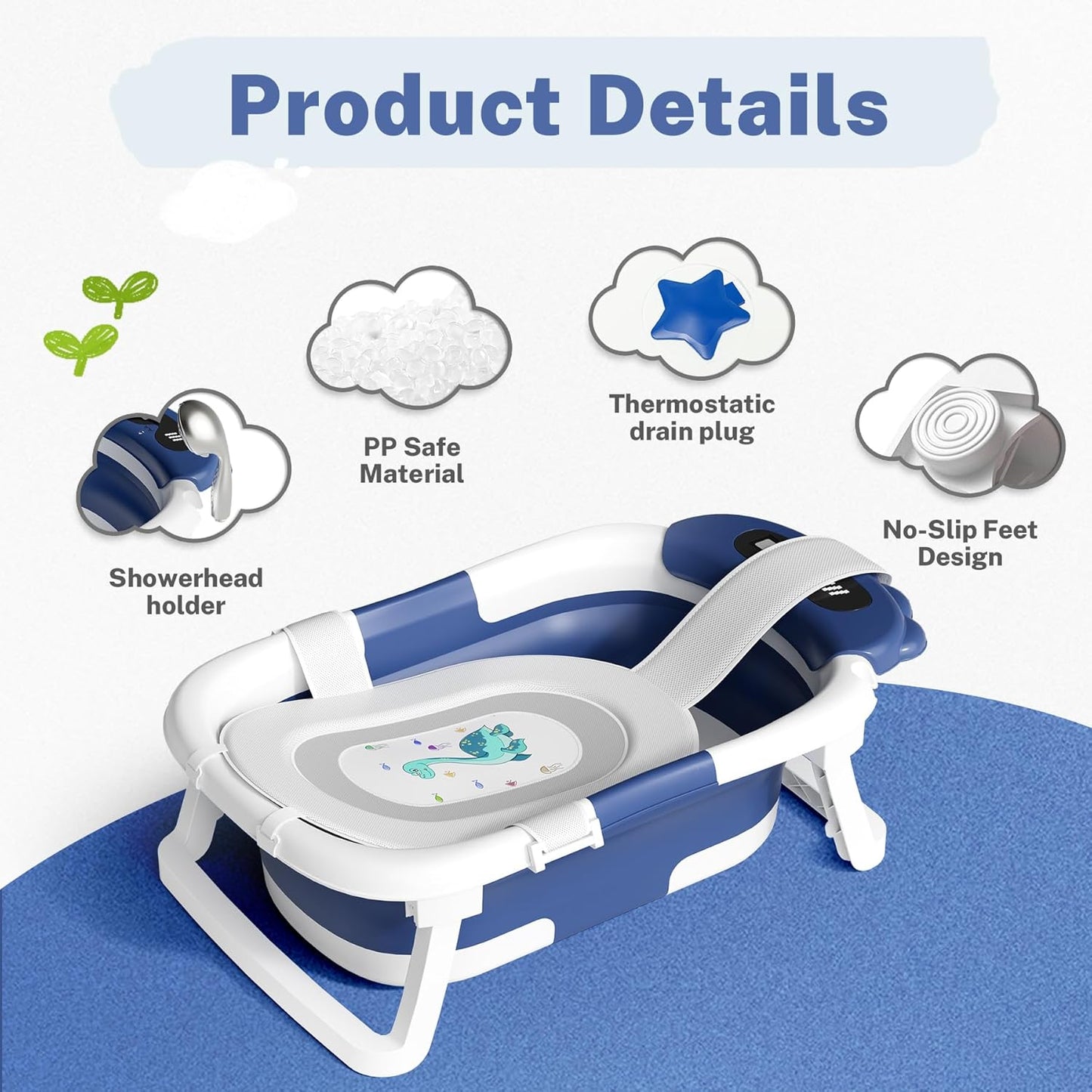 AVIDOR Baby Bathtub,Collapsible Bathtub for Newborn to Toddler,Durable Essential Infant Bath Tub,Portable Travel Baby Tub with Soft Bath Net,No-Slip Feet and Dinosaur Shaped (Navy Blue)