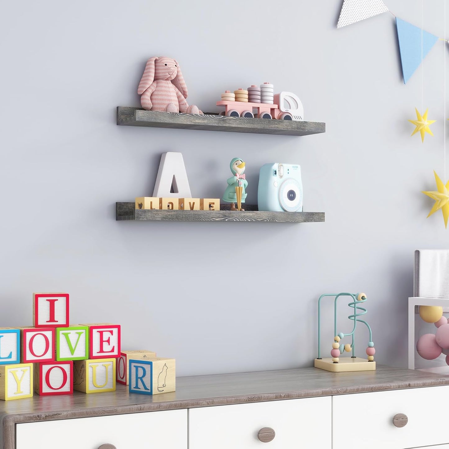 24 Inches Floating Shelves for Wall, Solid Pine Wood Picture Ledge Shelves, Wall Shelves with Lips, Nursery Book Shelves for Toys Storage Living Room Bedroom Photo Frames (2 Pcs, Grey)