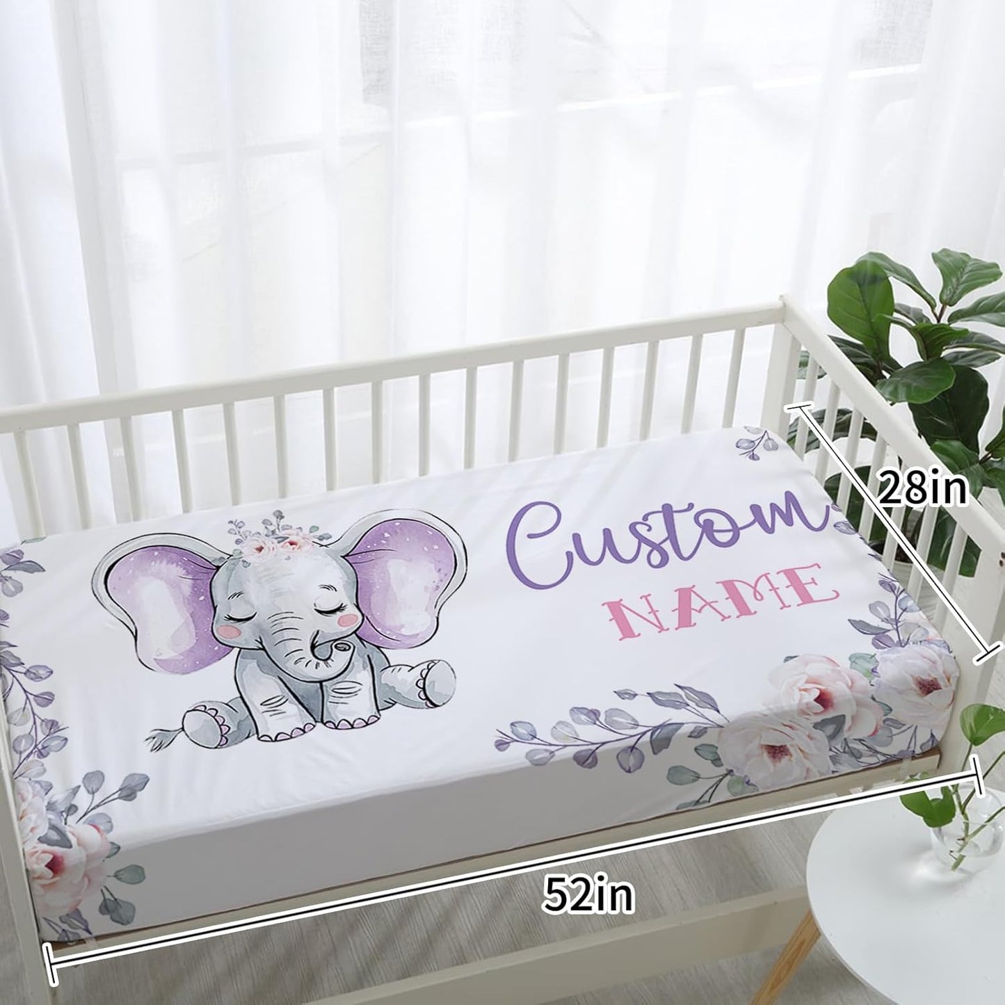 Personalized Baby Crib Bedding Set for Baby Girls, Light Purple Elephant Pattern Custom Name Baby Crib Sets 5-Pcs, Toddler Double Layer Blanket Fitted Sheets Changing Pad Cover Rug Wall Art Set