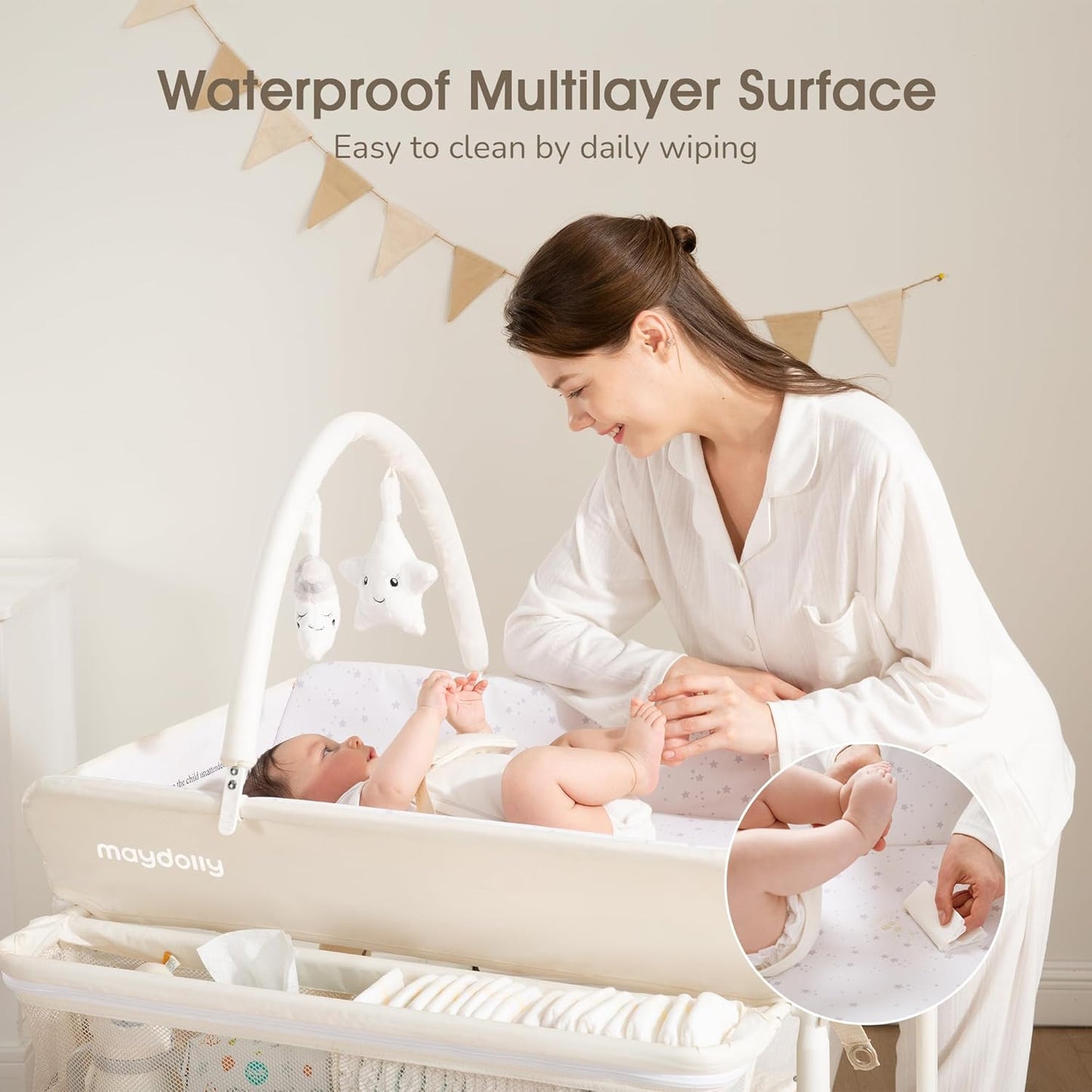 Baby Changing Table with Wheels, Maydolly Portable Foldable Changing Table, Waterproof Diaper Changing Station, Adjustable Height Changing Station, Mobile Nursery for Newborn and Infant (Beige)