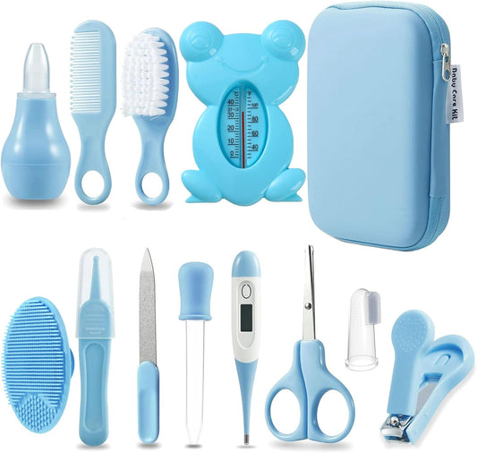 PandaEar Baby Healthcare and Grooming Kit, Baby Safety Set Baby Comb, Brush, Finger Toothbrush, Nail Clippers, Scissors, Nasal Aspirator, Baby Essentials Nursery Care Kit (13-in-1 Blue)