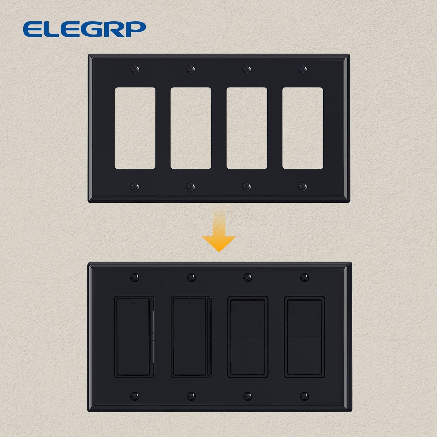 ELEGRP 4-Gang Decorative Wall Plates, Mid-Size 4.88" H x 8.57" L Unbreakable Thermoplastic Faceplate Cover for Decorator Receptacle Outlet Switch, UL Listed (1 Pack, Glossy Black)