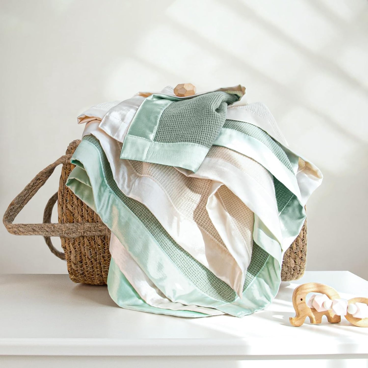 lulumoon Swaddle Baby Blanket: Waffle Blanket with Satin Trim - Breathable Toddler Blankets Perfect for Nursing Cover and Playtime - Cotton Crib Quilt for Daytime Naps 40"x36"(Sage)