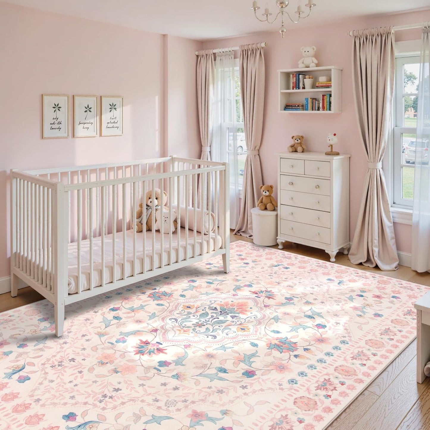 Wonnitar Boho Floral 8x10 Pink Area Rug, Washable Kids Rugs for Bedroom, Large Ultra-Thin Soft Non Slip Carpet for Nursery Living Room Playroom Classroom, Pastel Pink