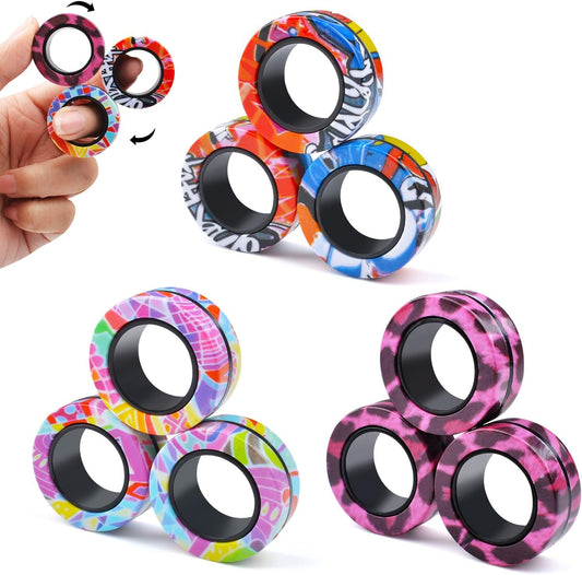 Cevioce 9Pcs Magnetic Rings Fidget Toy Set, ADHD Anxiety Magnetic Fidget Toys Adults Fidget Spinner Rings for Relief, Gifts for 8+ Year Old Teen Boy Girl C