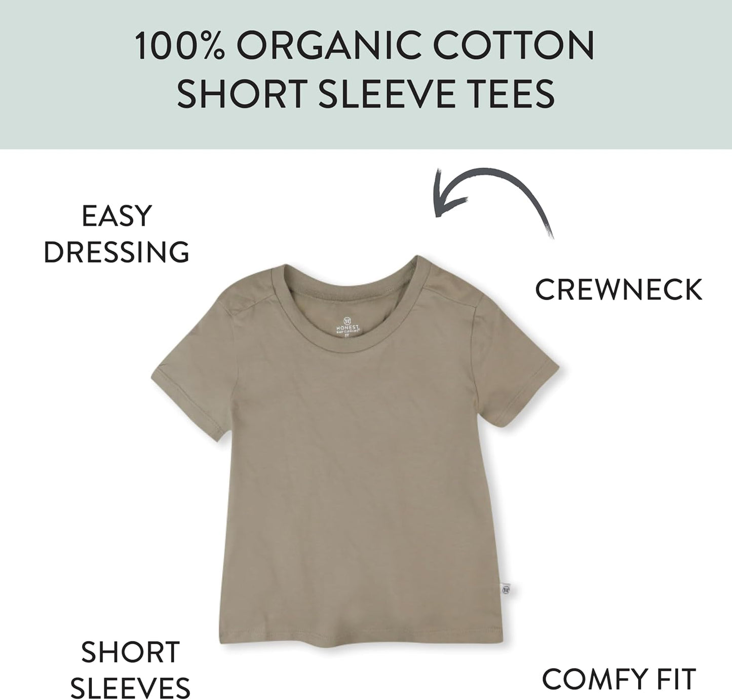 HonestBaby 5-Pack Short Sleeve T-Shirts 100% Organic Cotton Baby, Toddler, Little Kid, Boy, Girl, Unisex