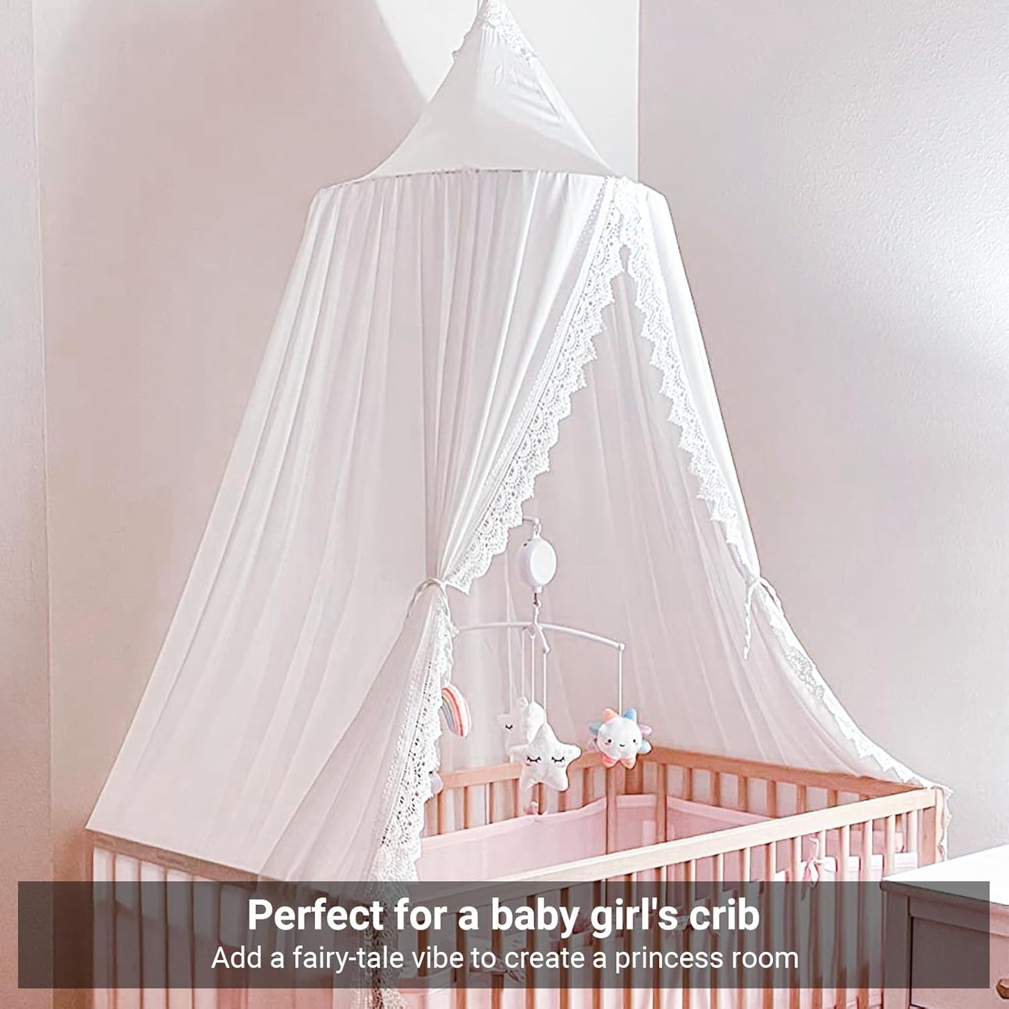 OldPAPA Kids Bed Canopy with Pom Pom Hanging Mosquito Net for Baby Crib Nook Castle Game Tent Nursery Play Room Decor，White