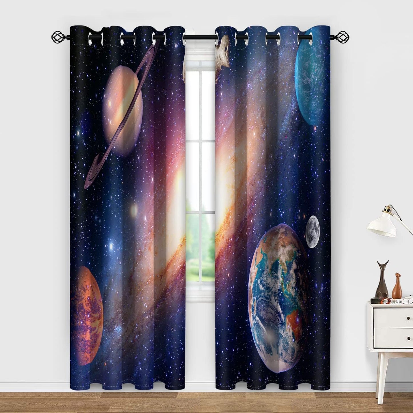 Aimego Galaxy Blackout Curtains for Boys Room - Room Darkening Curtains Outer Space Universe Nebula Starry Solar Planet Window Drapes Decor for Bedroom Living Room Grommet 2 Panel Set, 42"X63"