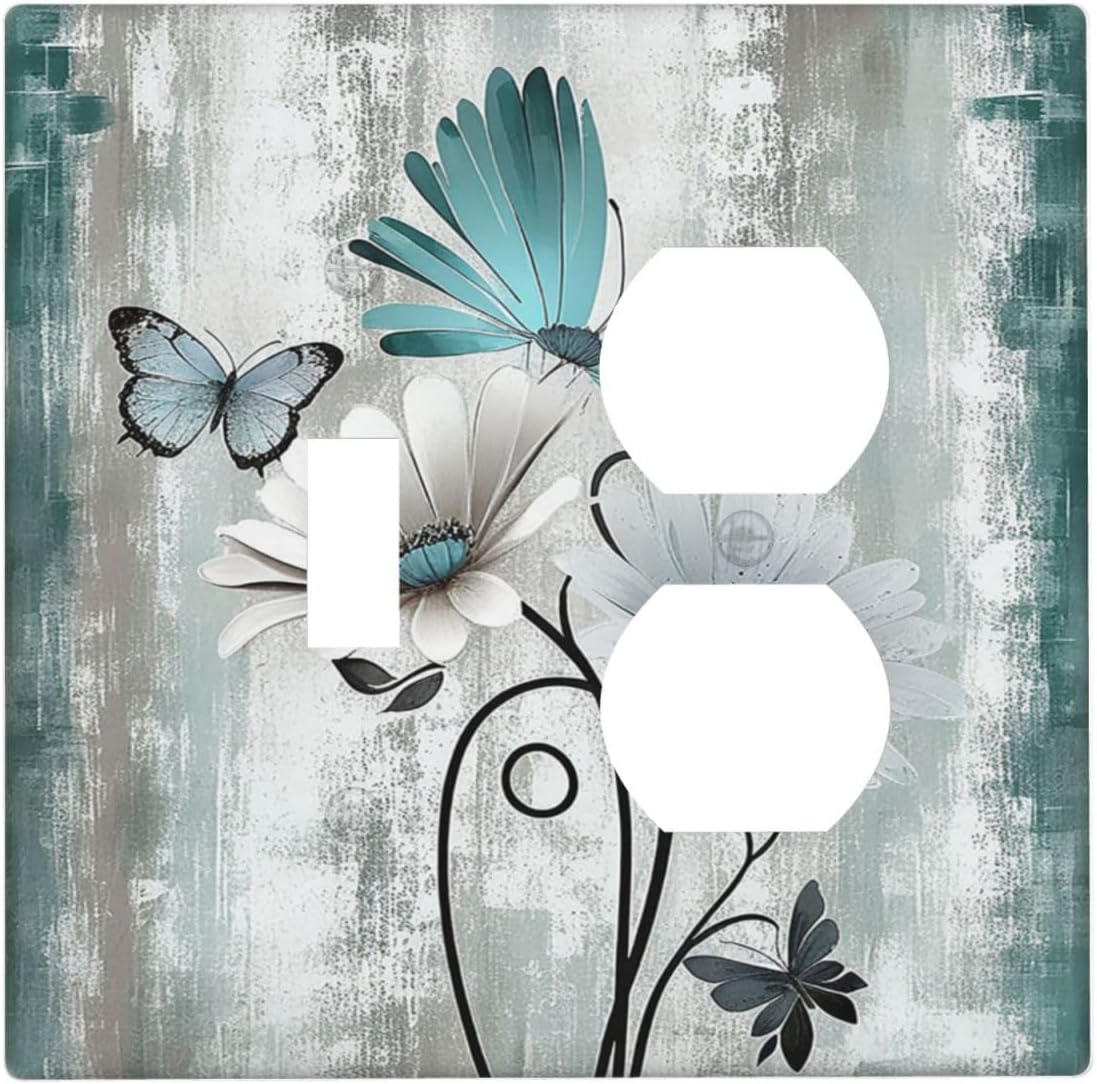 Wallplates Rustic Teal Daisy Floral Flowers Butterfly Wood Grain 1 Toggle 1 Duplex Switch Plate Electrical GFCI Faceplate Decorative Light Switch Covers for Bathroom Bedroom Decor
