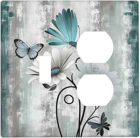 Wallplates Rustic Teal Daisy Floral Flowers Butterfly Wood Grain 1 Toggle 1 Duplex Switch Plate Electrical GFCI Faceplate Decorative Light Switch Covers for Bathroom Bedroom Decor