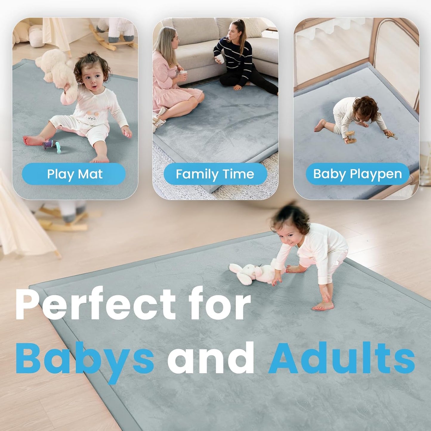 Ultra Soft Baby Play Mat,1.3" Thick Elasti-Foam Tummy Time Mat for Infants,Toddlers,Kids,Water-Repellent Coral Fleece Nursery Rug,Non-Slip Safe for Crawling&Hardwood Floors(Light Grey)